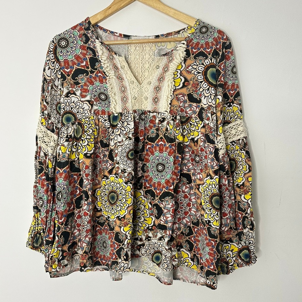 MADE IN ITALY Bohemian‎ Floral Crochet Balloon Sleeve Swing top Womans 8